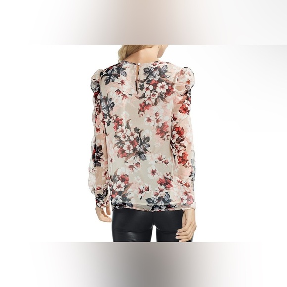 Vince Camuto Women L Top Long Sheer Puff Sleeve Blouse Floral Fairy Feminine - Picture 2 of 10